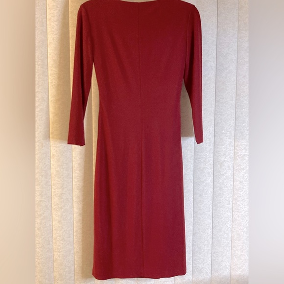 Chaps Women’s Burgundy Faux Wrap V-Neck Stretch Dress - Picture 2 of 4